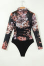 Brown Floral Mesh Long Sleeve High Neck Bodysuit