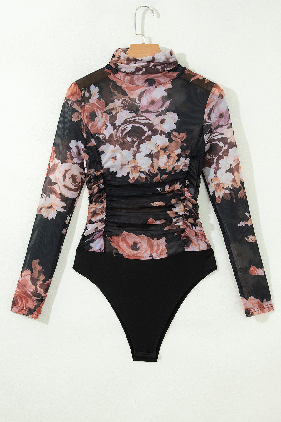 Brown Floral Mesh Long Sleeve High Neck Bodysuit
