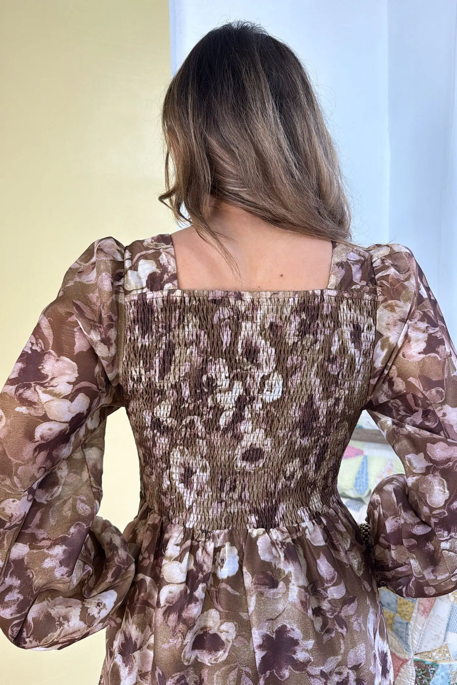 Brown Abstract Floral Square Neck Long Sleeve Mini Dress Women UK