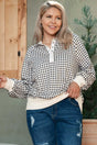 Curve Monochrome Contrast Polo Sweatshirt for Women with black and white geometric print and cream cuffs, styled casually with jeans.