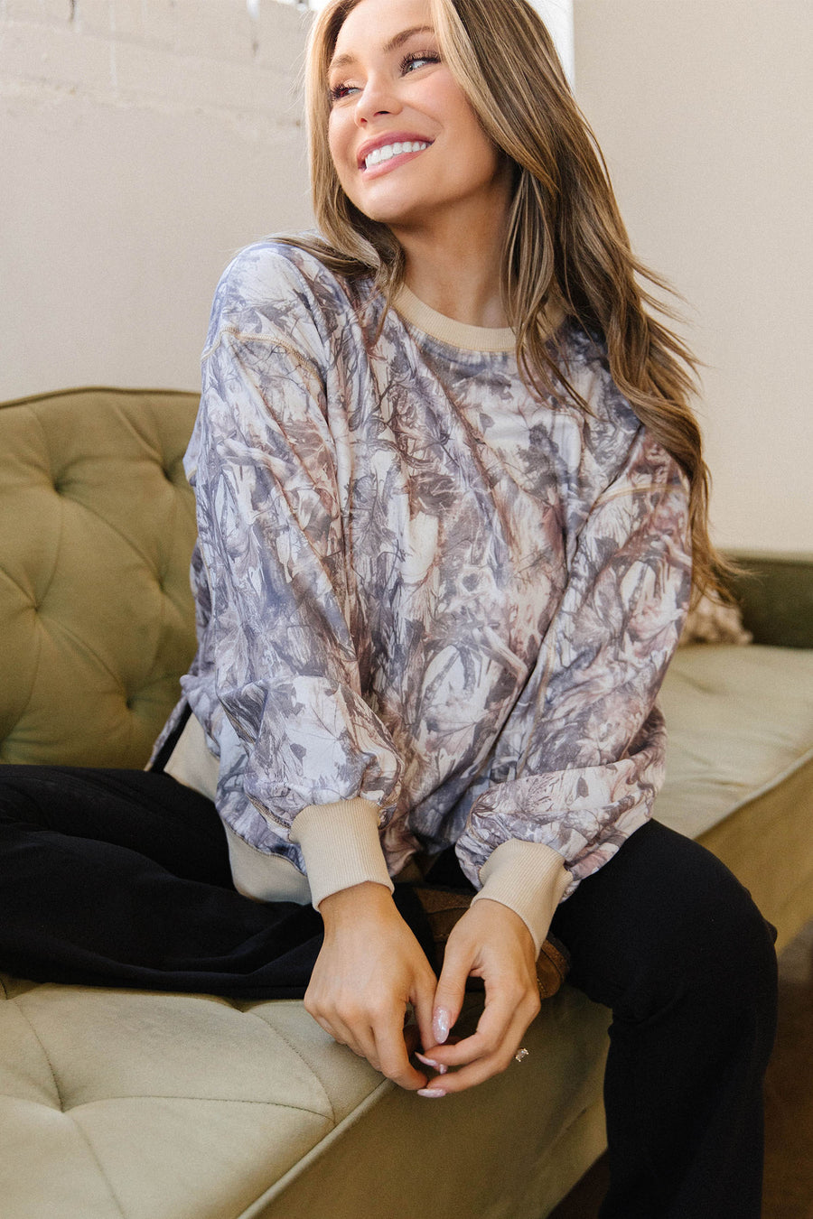 Abstract Camo Colorblock Side Split Tunic Sweatshirt Women UK