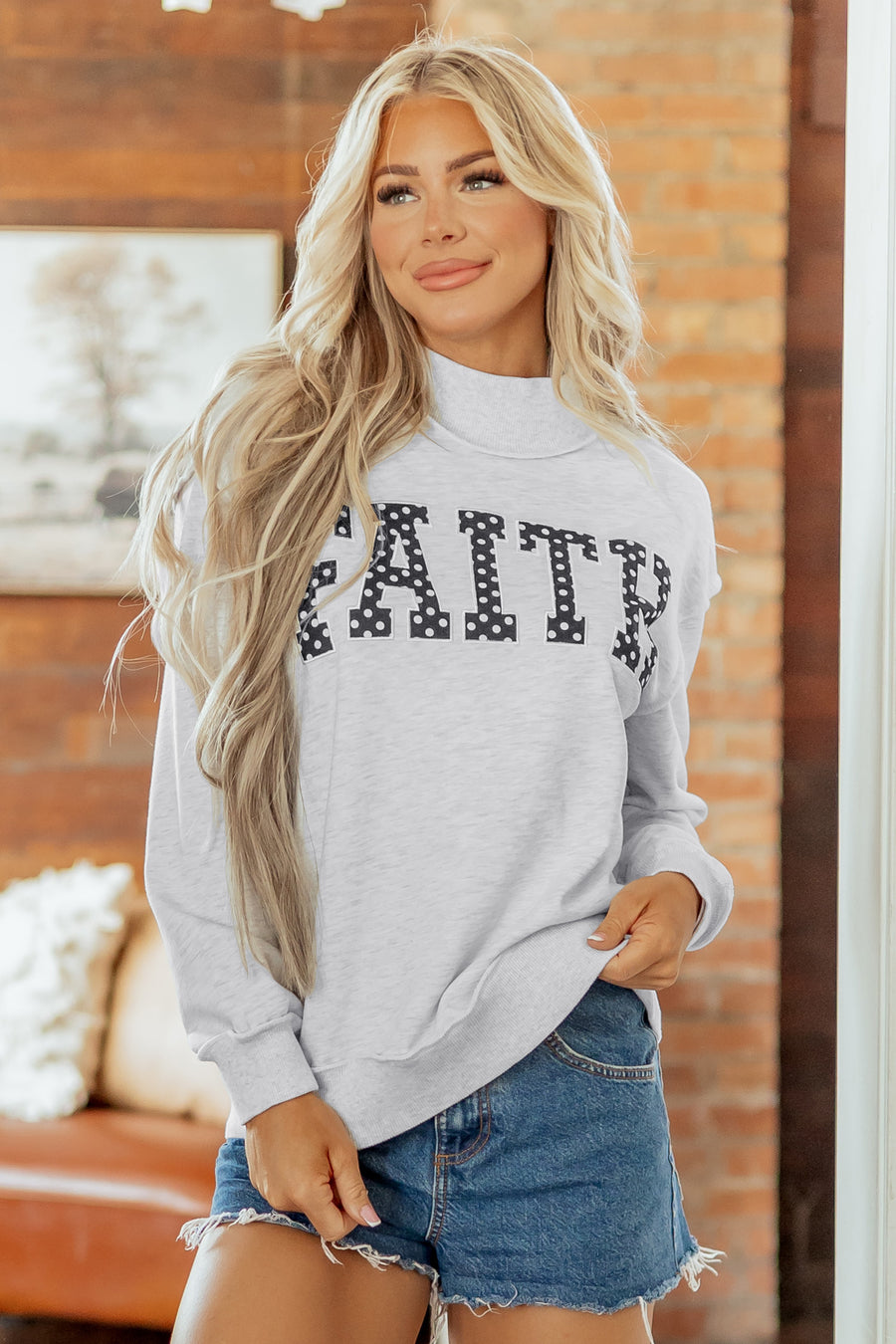 Light Grey Polka Dot Slogan High Neck Baggy Sweatshirt