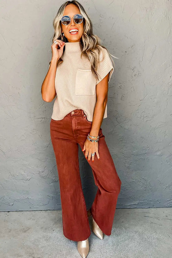 Full outfit featuring Ribbed Knit Short Sleeve Sweater paired with wide-leg rust pants and boots, perfect for effortless fall fashion.