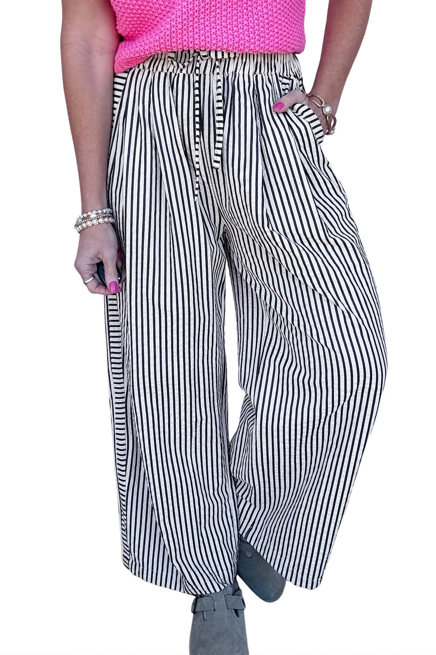 Black Stripe High Waist Wide Leg Drawstring Casual Trousers with Pockets