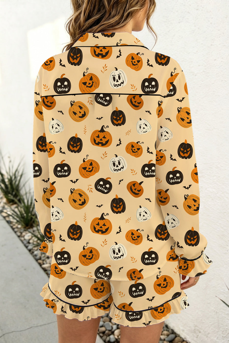 Orange Long Sleeve Ruffle Pumpkin Face Print Two Piece Lounge Set