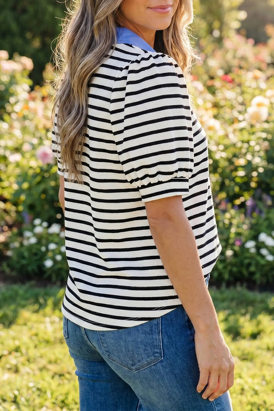 Women's polo collar stripe blouse UK — styled with tailored trousers, office look