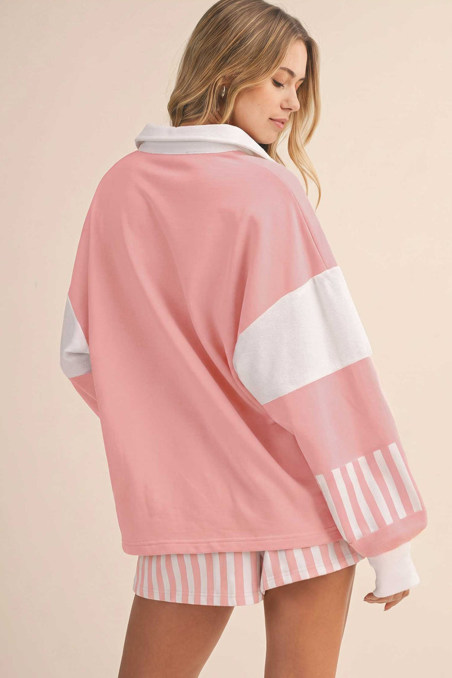 Gossamer Pink Striped Color Block Pullover Top Drawstring Shorts Set