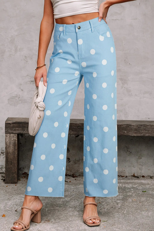 Woman wearing sky blue polka dot raw hem straight jeans high waisted front view Fashionfitz UK