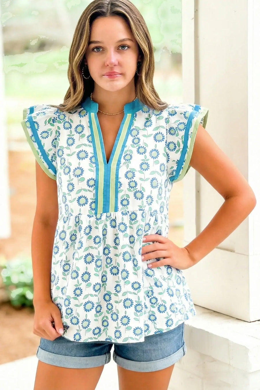 Red sunflower printed contrast trim v neck flutter sleeve blouse