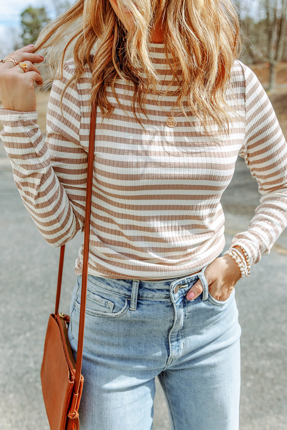 Striped Textured Knit Long Sleeve Tee