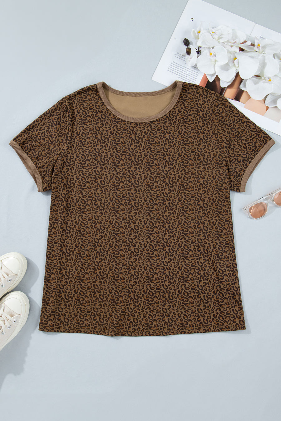 Leopard Print Ribbed Trim Round Neck Plus Size Tee Women UK