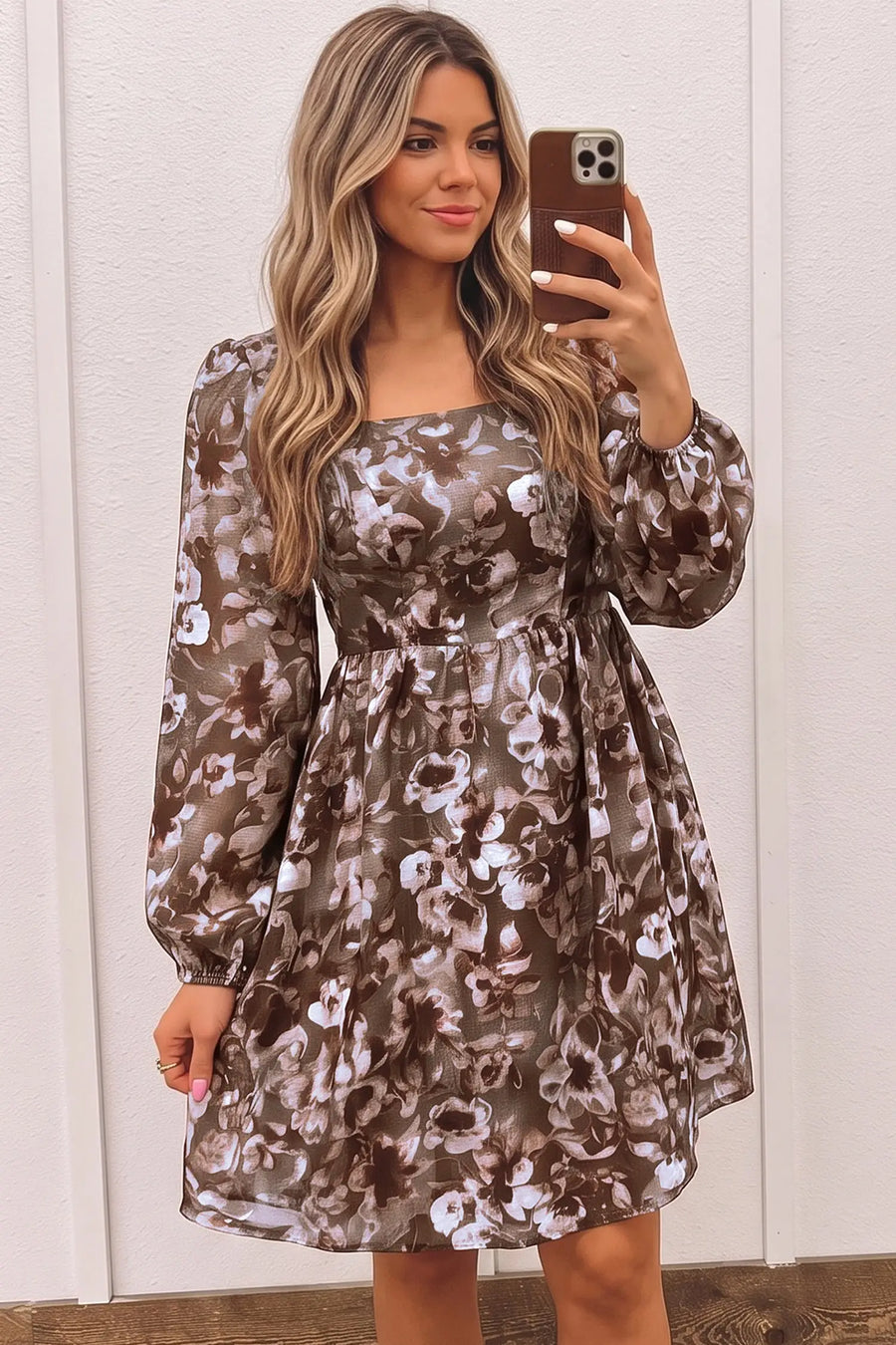 Brown Abstract Floral Square Neck Long Sleeve Mini Dress Women UK