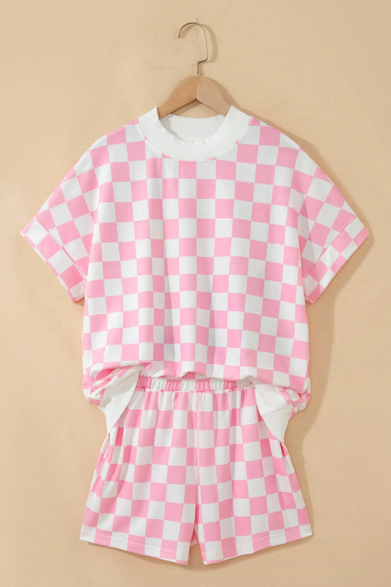 Checkered colour block trim mock neck short set outfit sets