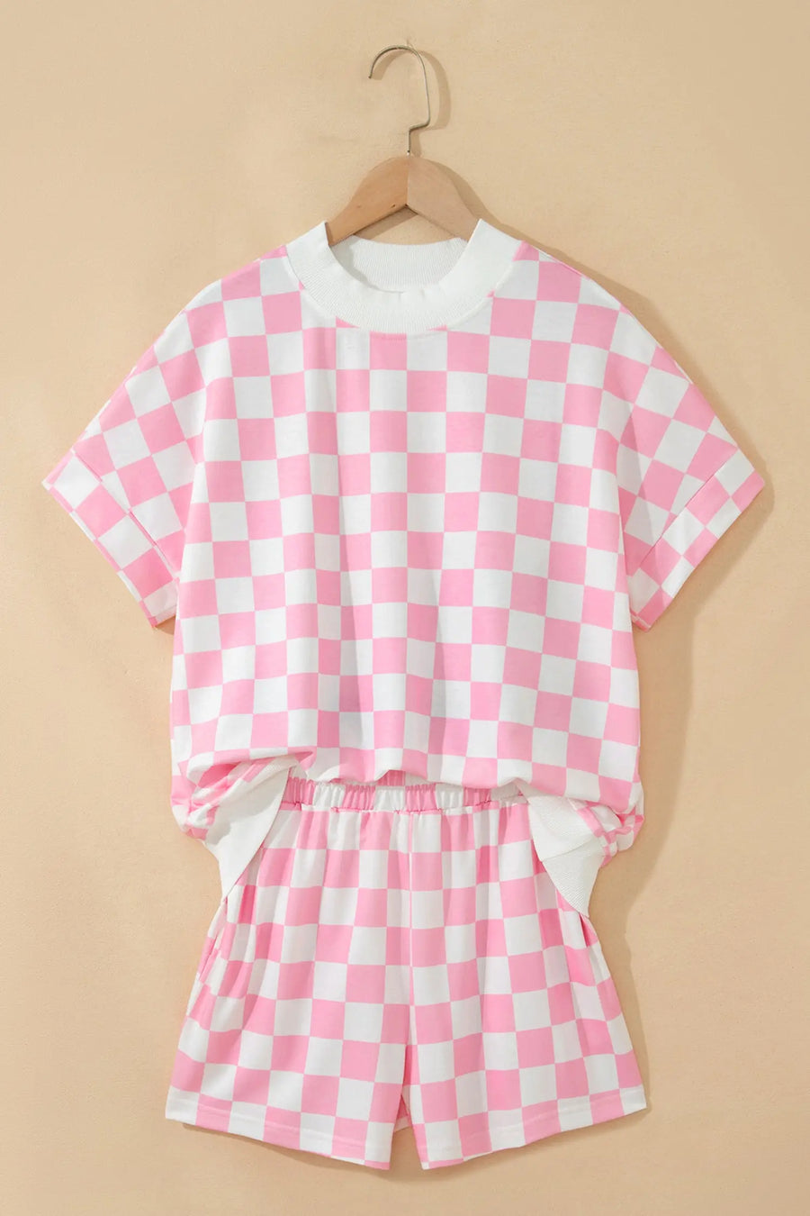 Checkered colour block trim mock neck short set outfit sets