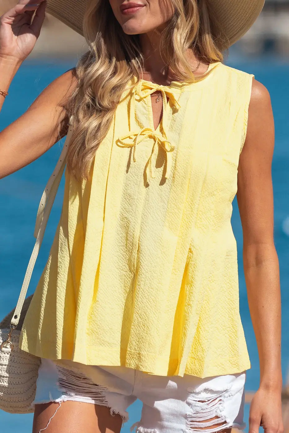 Fashionfitz tank top - yellow pleated for women | chic versatile