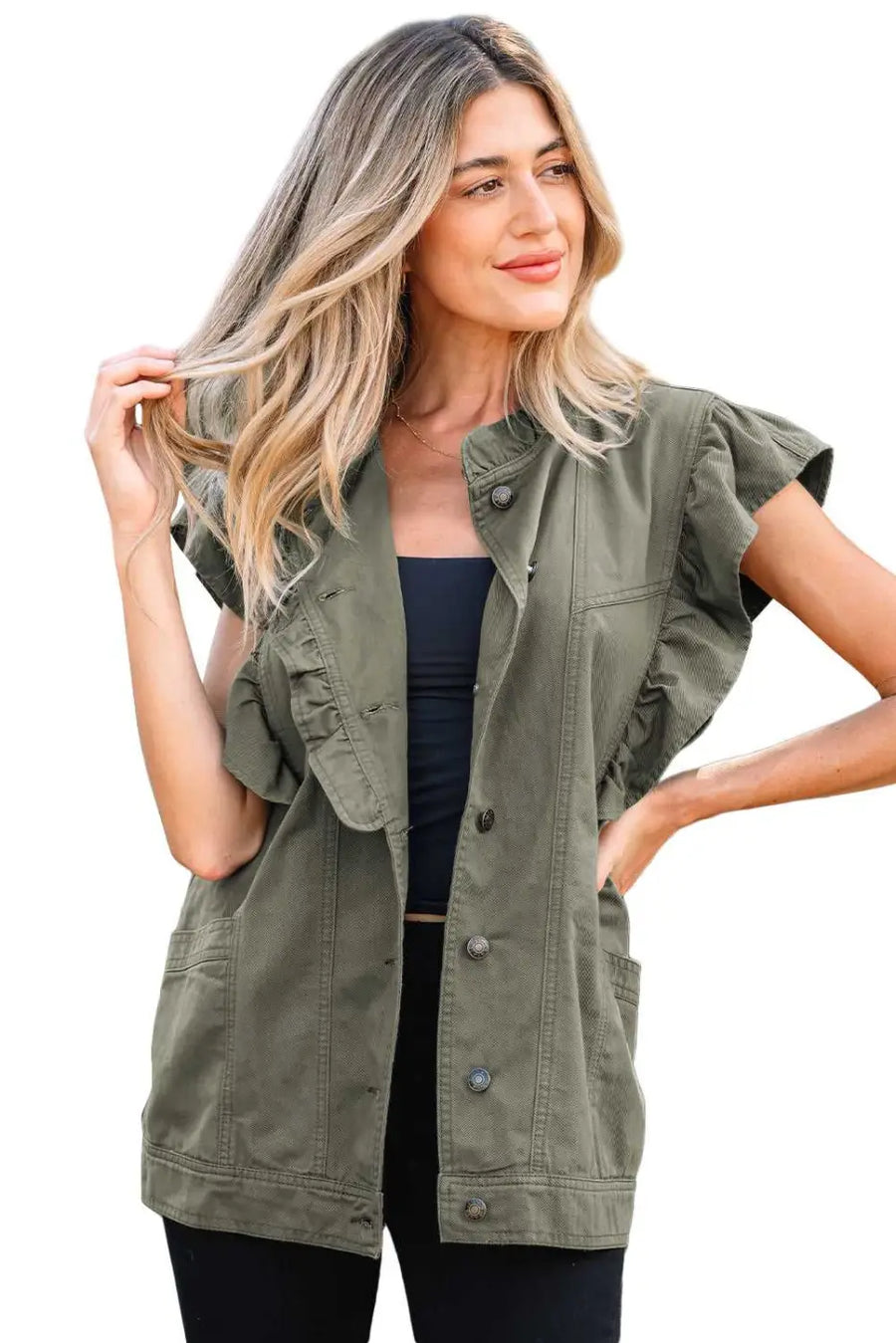 Green bay ruffled denim vest - women’s fashion trends