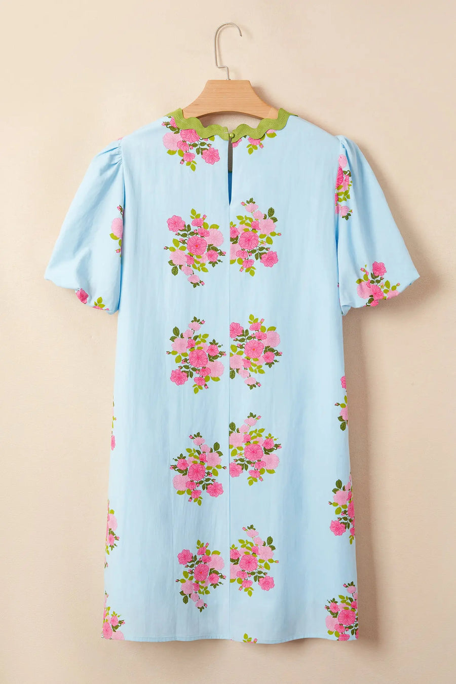 Sky Blue Floral Ricrac Trim Bubble Sleeve Mini Dress Women UK