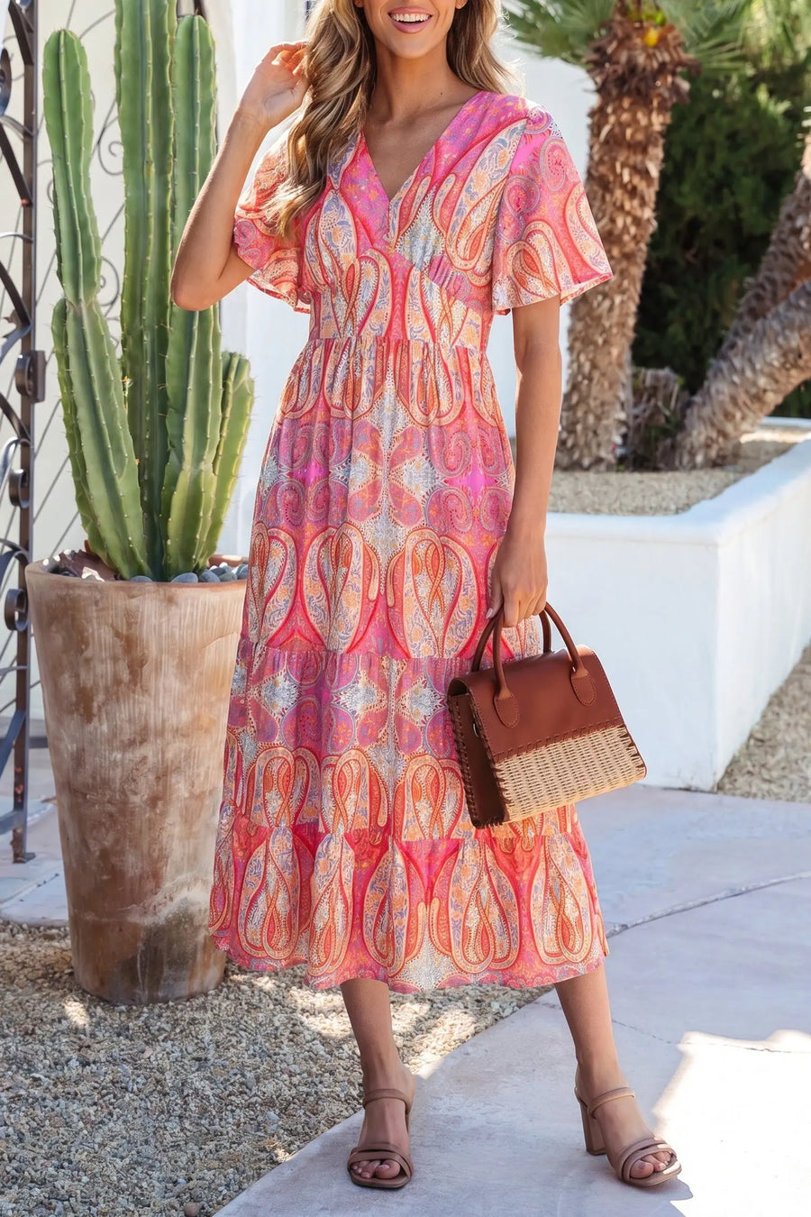 Multicolour Paisley V Neck Short Sleeve Boho Maxi Dress Women UK