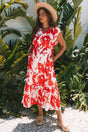 Red Floral Trimmed V Neck Ruffle Sleeve Maxi Dress Women UK
