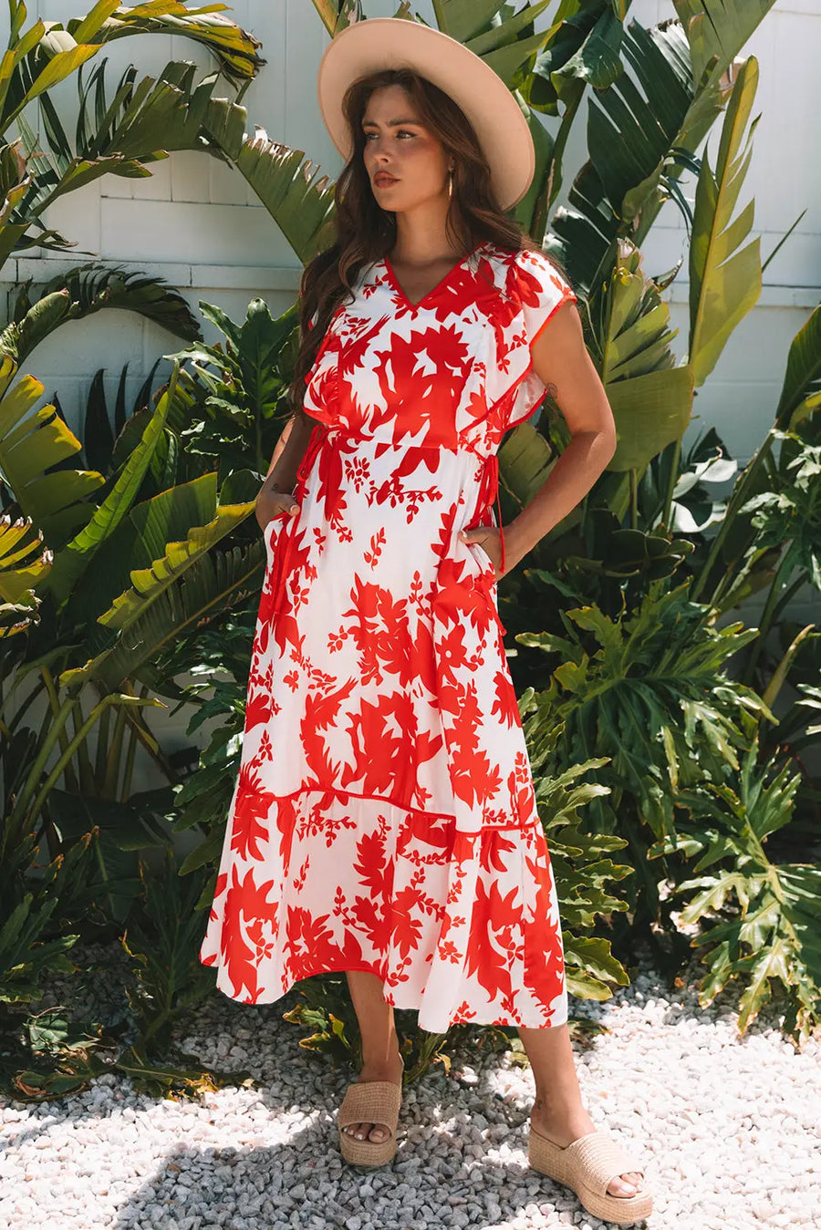 Red Floral Trimmed V Neck Ruffle Sleeve Maxi Dress Women UK