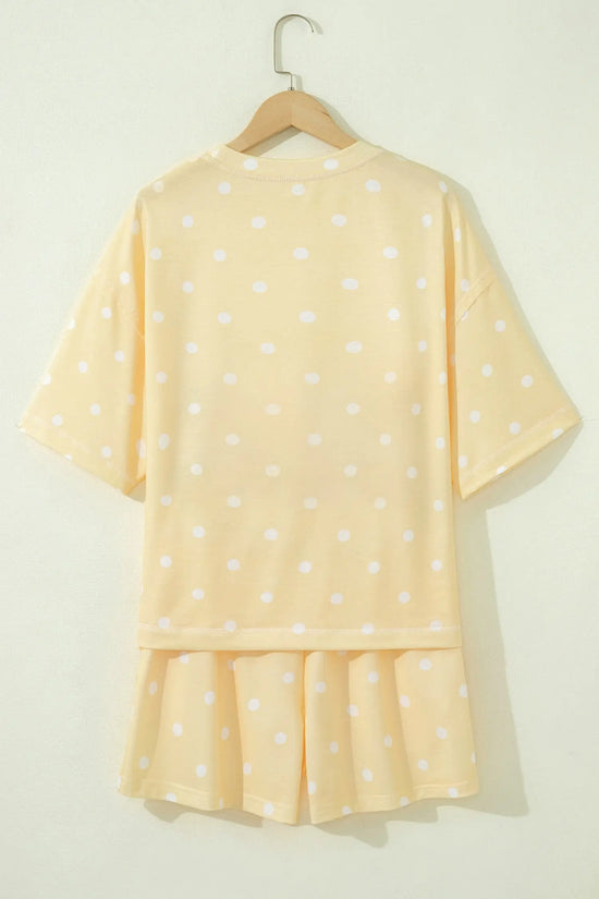 Polka Dot Exposed Seam Loose Tee Drawstring Shorts Two-Piece Set