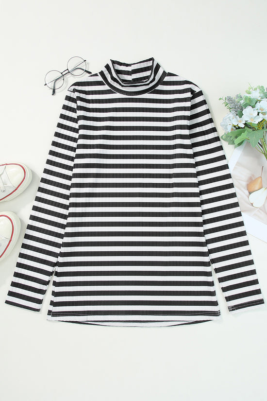 Striped Textured Knit Long Sleeve Tee