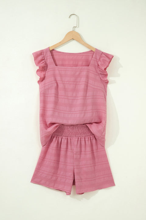 Textured square neck cap sleeve top and shirred high waist shorts set front view — Fashionfitz UK