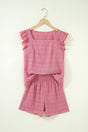 Textured Square Neck Cap Sleeve Top & Shirred High Waist Shorts Set — front view | Fashionfitz UK