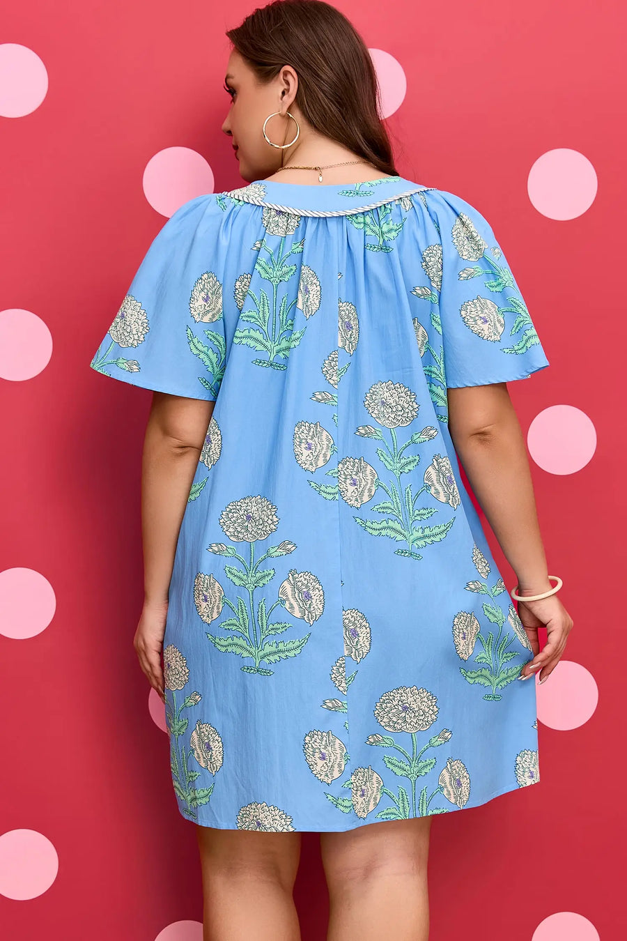 Sky Blue Plus Size Periwinkle Floral Split Neck Mini Dress Women UK — back view