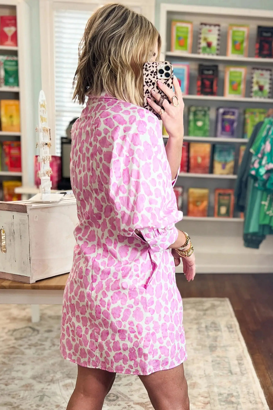Tie waist bow detail on pink abstract leopard mini shirt dress — Fashionfitz UK