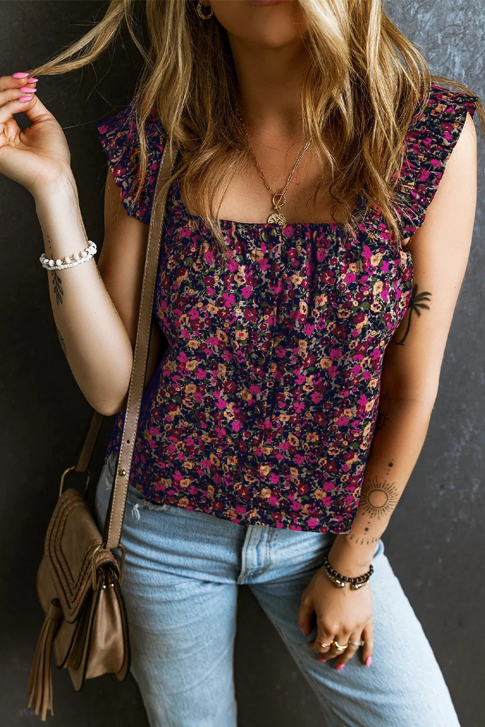Floral Tank Top - Rose Boho Frilled Straps - Fashionfitz