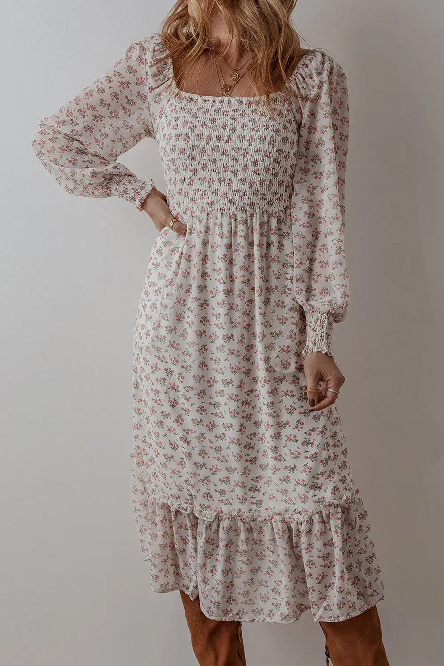 White Floral Shirred Square Neck Ruffled Hem Midi Dress Women UK