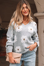 Oversized Grey Floral Knit Jumper – V‑Neck