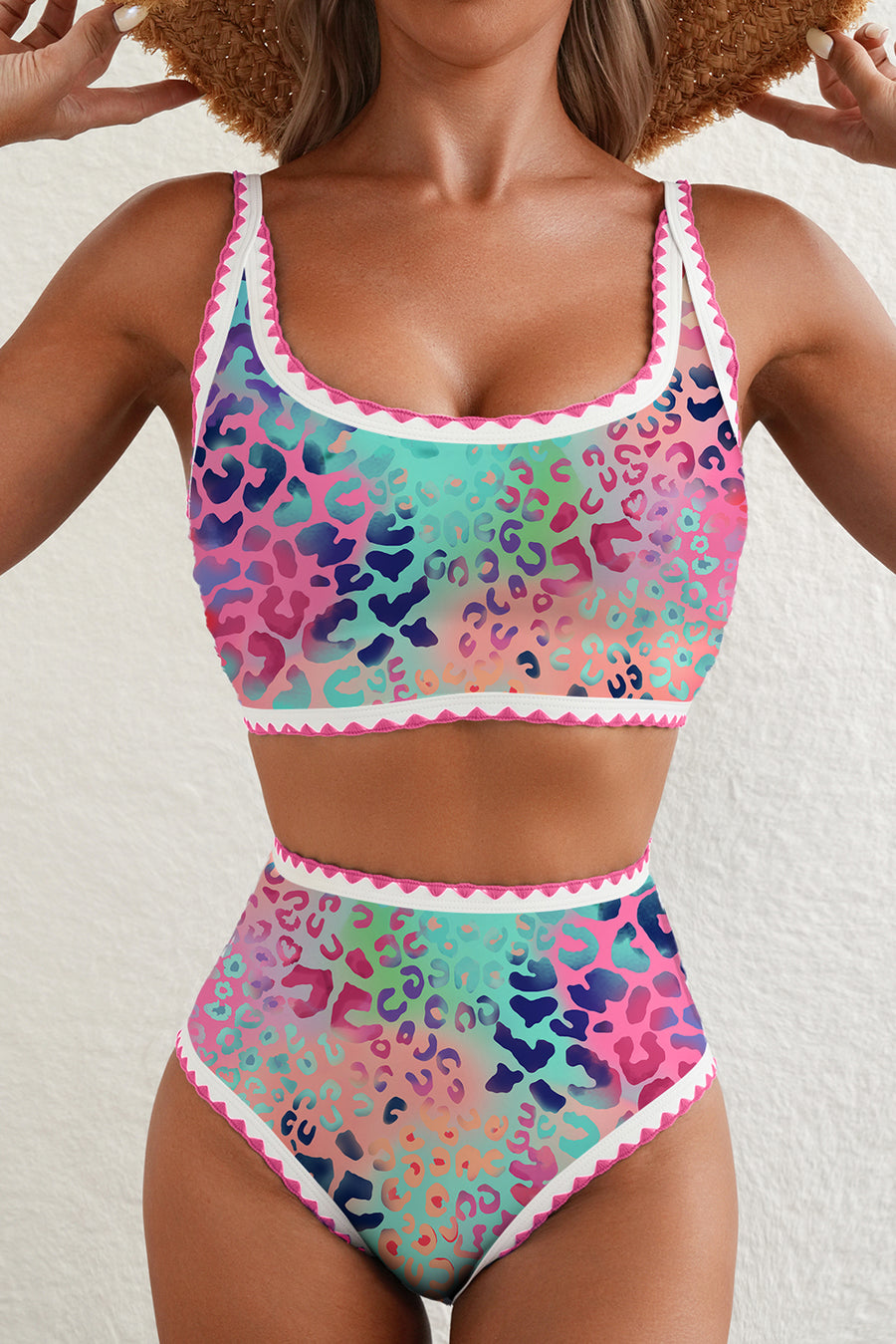 Leopard Ricrac Trim High Waist Bikini Set Women UK