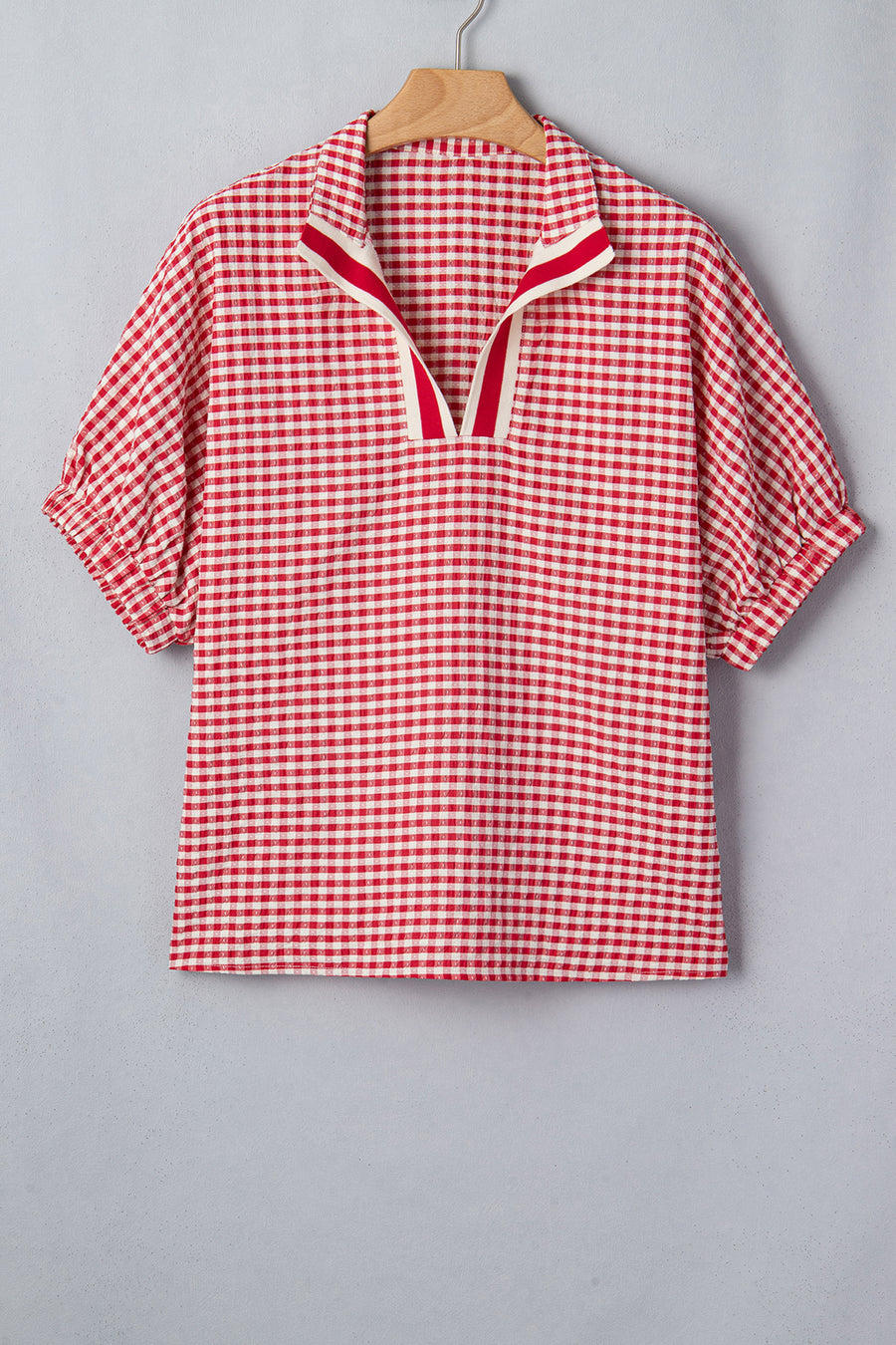 Plaid Colorblock Trim Split Neck Short Sleeve Tunic Blouse