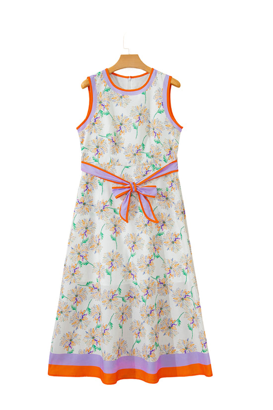 Floral Print Colour Block Belted Maxi Dress Sleeveless Side Pockets