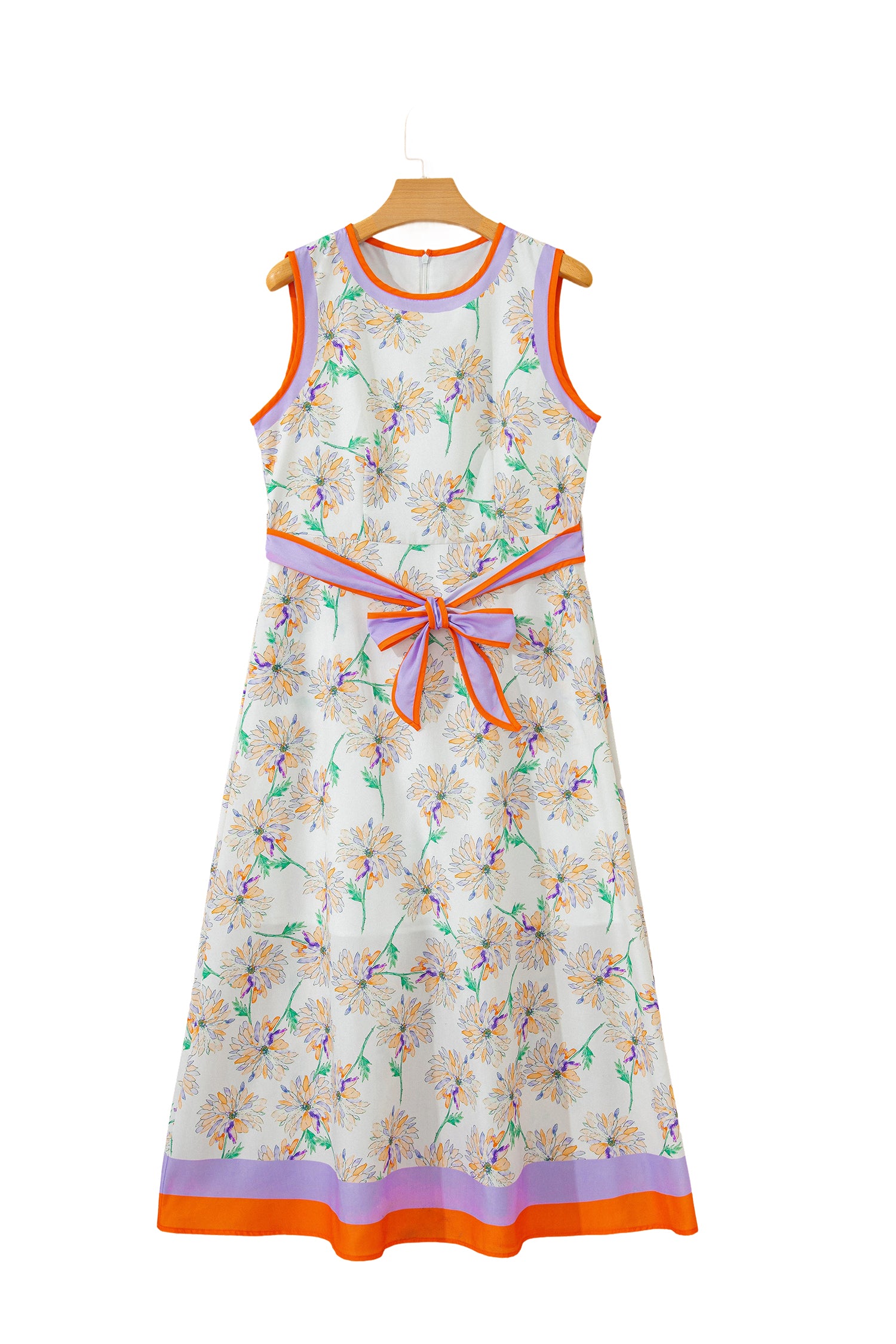Floral Print Colour Block Belted Maxi Dress Sleeveless Side Pockets
