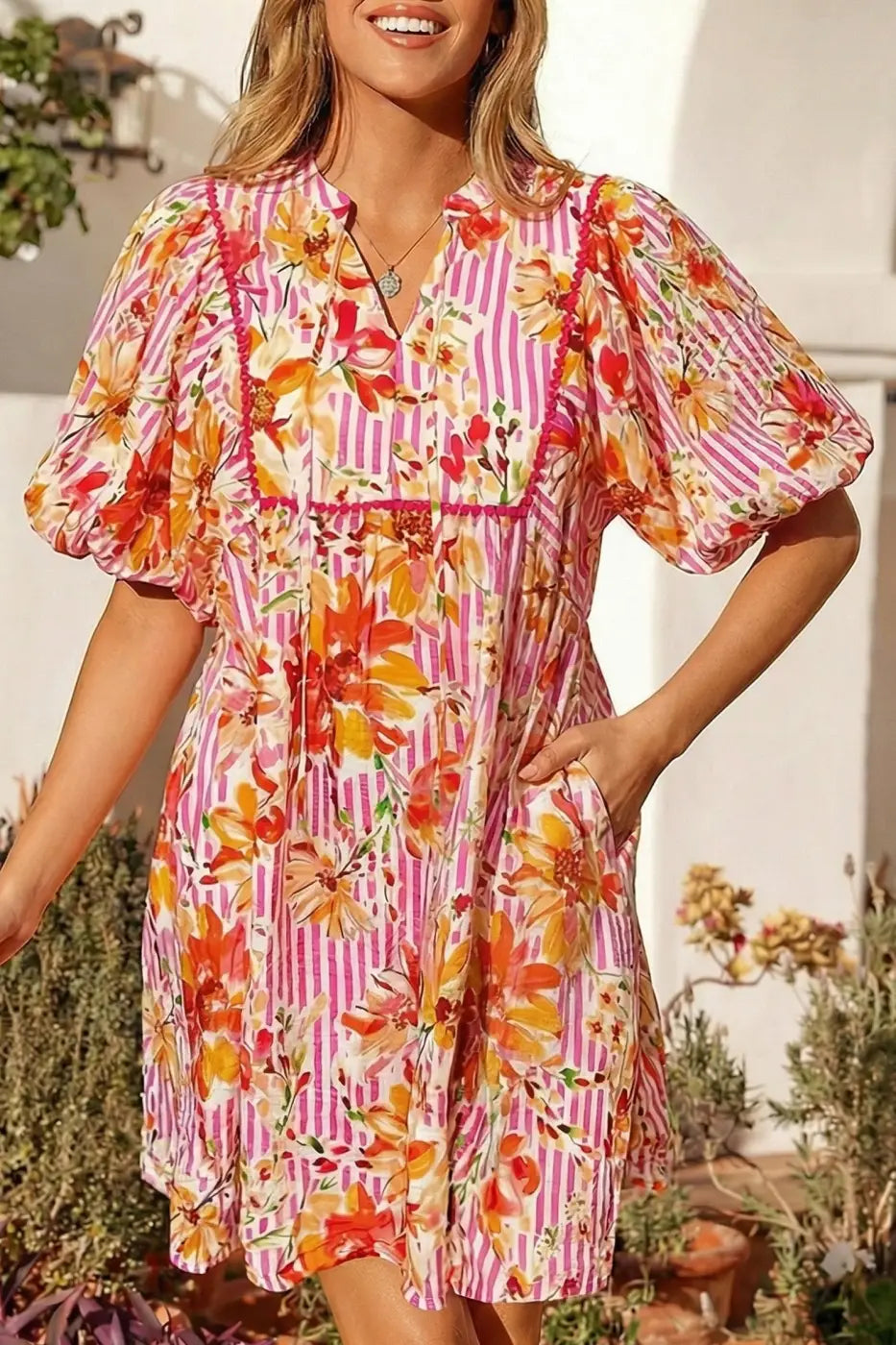 Women’s floral tie neck puff sleeve mini dress | fashionfitz