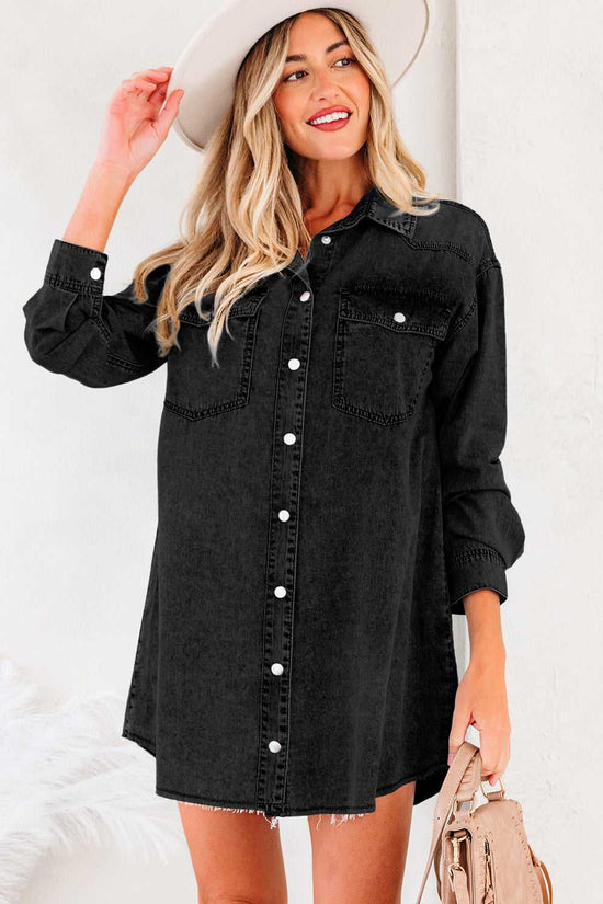 Oversized denim dress women in washed black with raw hem, long sleeves, and button front, styled for casual fall fashion with chest pockets.