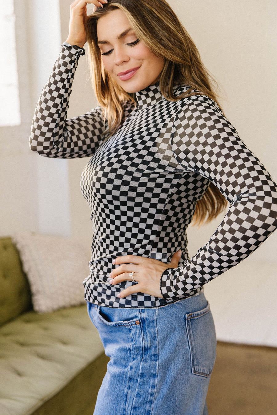 Plaid Stand Neck Long Sleeve Mesh Top Women UK