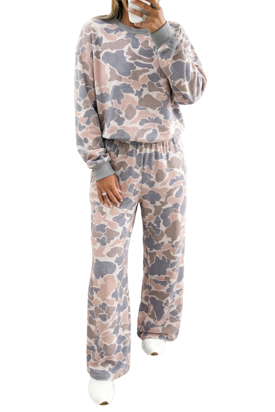 Camo Print Long Sleeve Top Wide Leg Pants Set Women UK