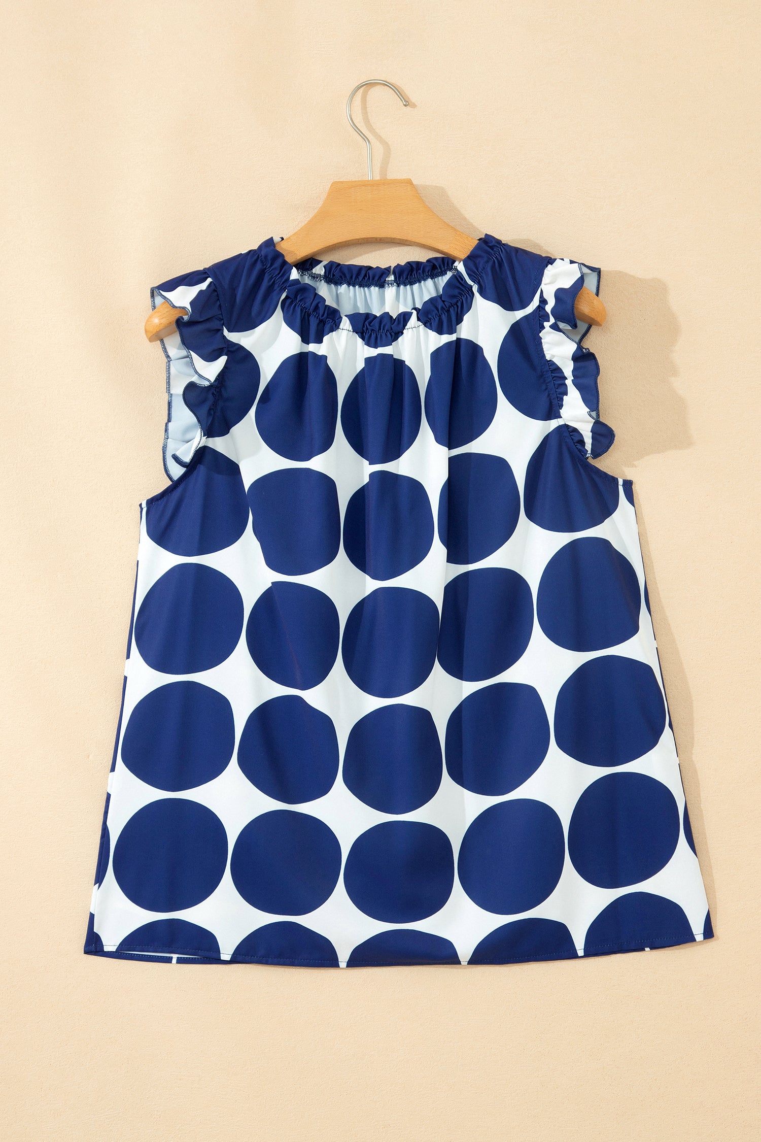 Polka Dot Frill Trim Round Neck Sleeveless Shift Tank Top