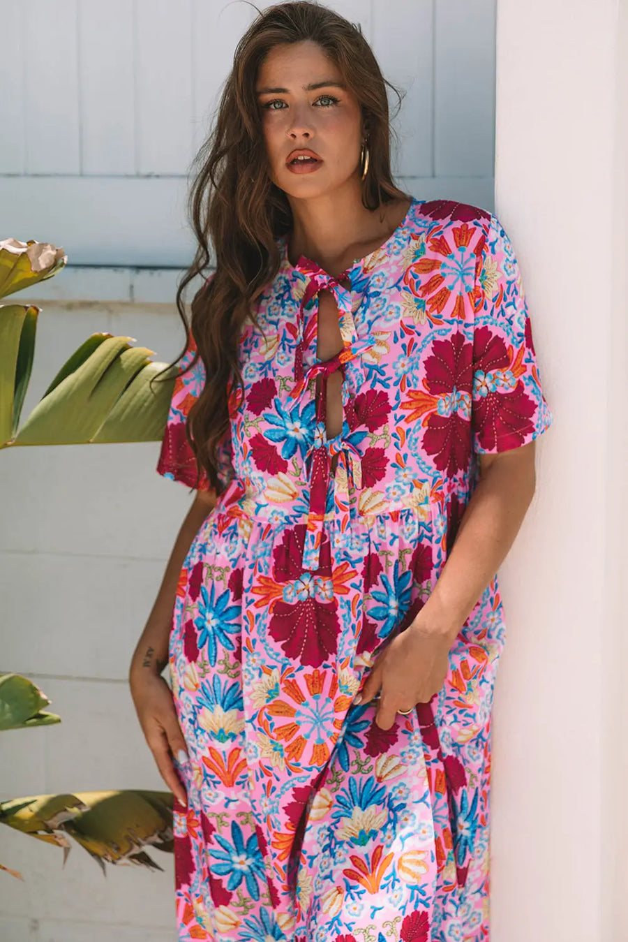 Rose Floral Tied Front High Waist Short Sleeve Maxi Dress Women UK