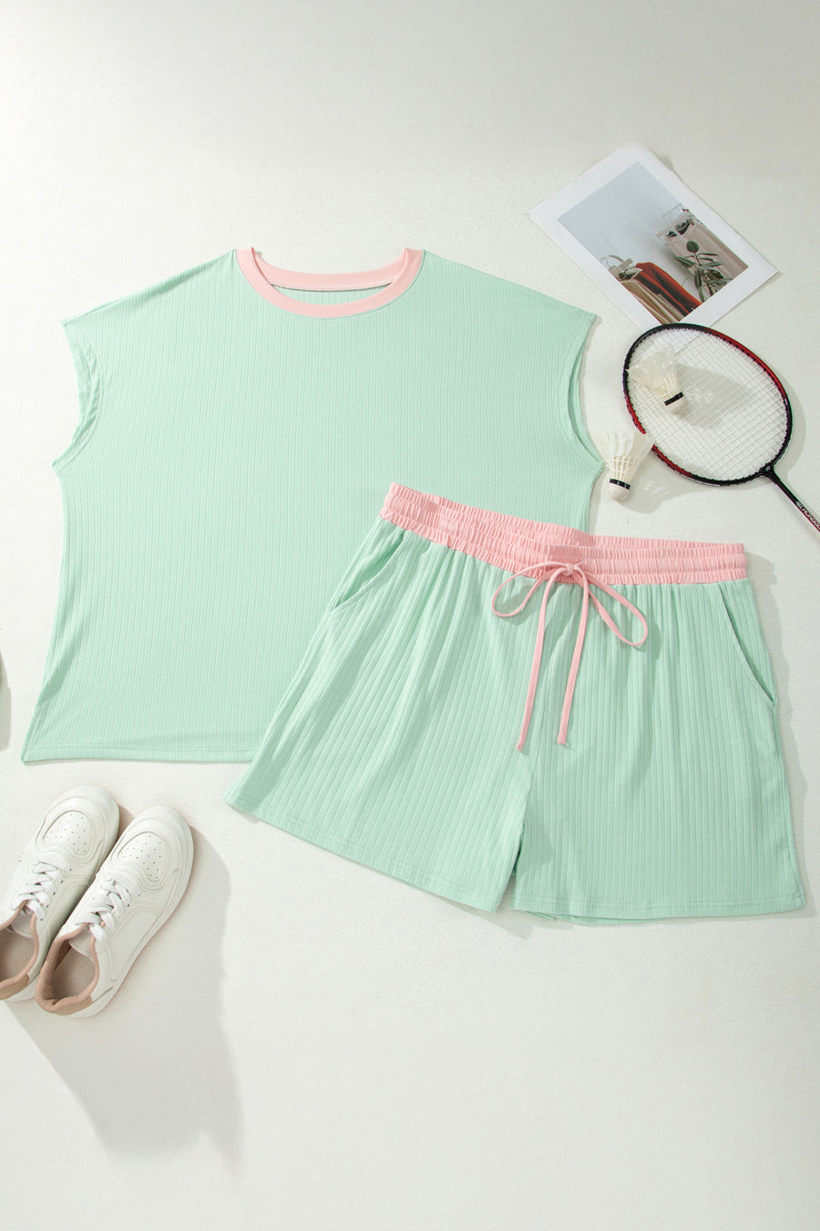 Ribbed Colorblock Trim Drawstring Shorts Plus Size Set Women UK