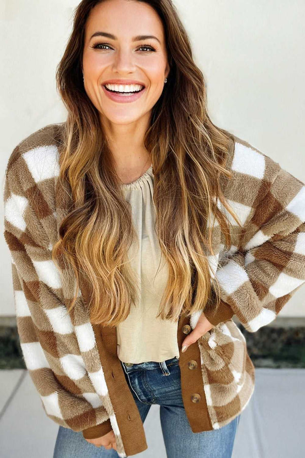 FashionFitz Brown Checkered Sherpa Cardigan worn open over a beige top, featuring soft sherpa fabric and relaxed fit for daily wear.