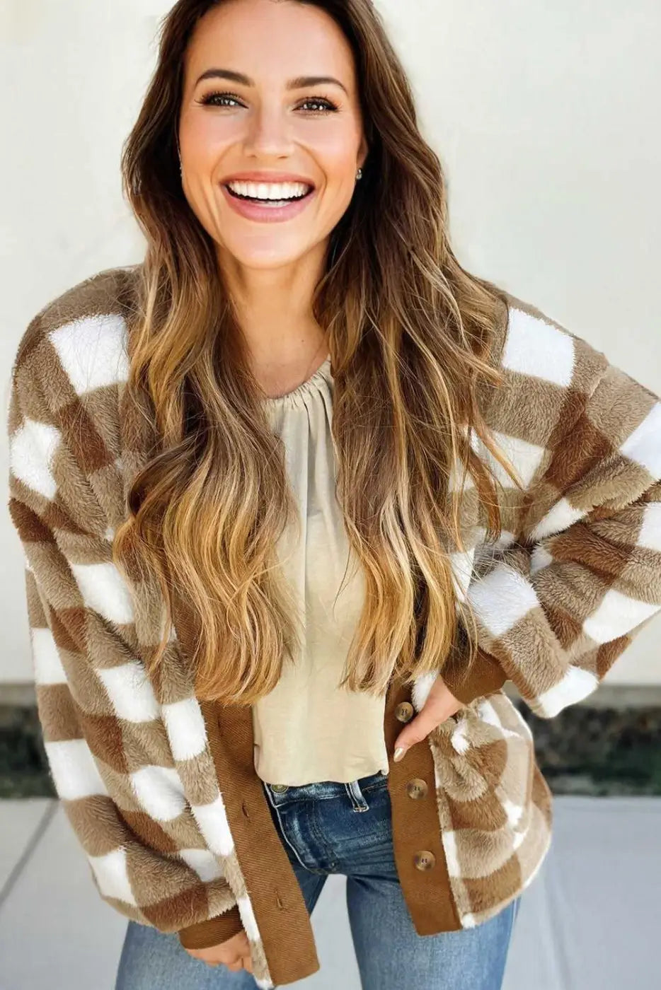 FashionFitz Brown Checkered Sherpa Cardigan worn open over a beige top, featuring soft sherpa fabric and relaxed fit for daily wear.