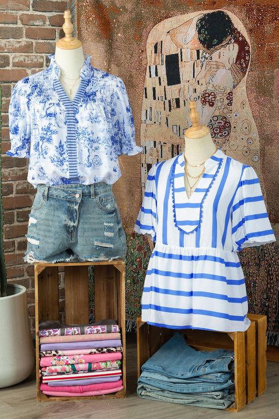 Animal Paradise Print Striped Panel Gathered V-Neck Blouse