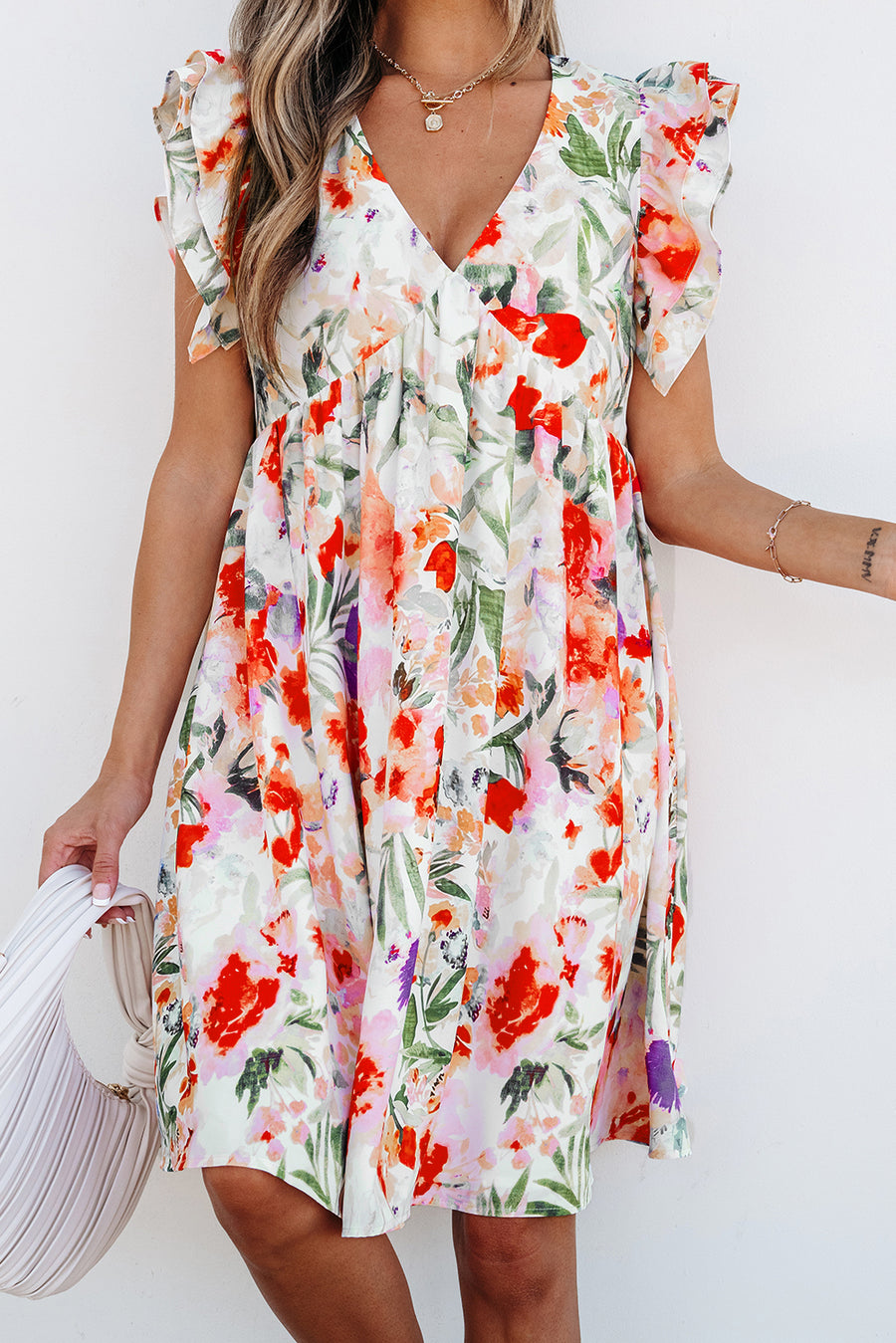 Pink Floral Double Ruffle Sleeve V Neck High Waist Mini Dress Women UK