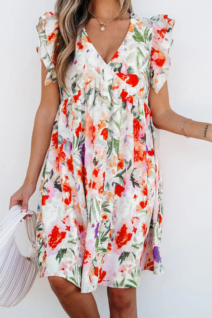 Pink Floral Double Ruffle Sleeve V Neck High Waist Mini Dress Women UK — model shot
