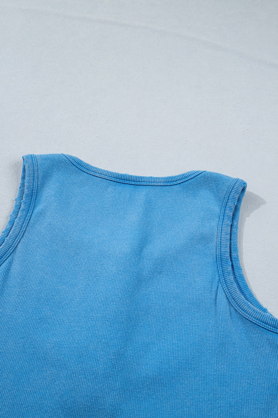 Vintage Distressed Ribbed Mineral Wash Button Neck Tank Top